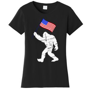 Bigfoot With American Flag 4th Of July Sasquatch Women's T-Shirt