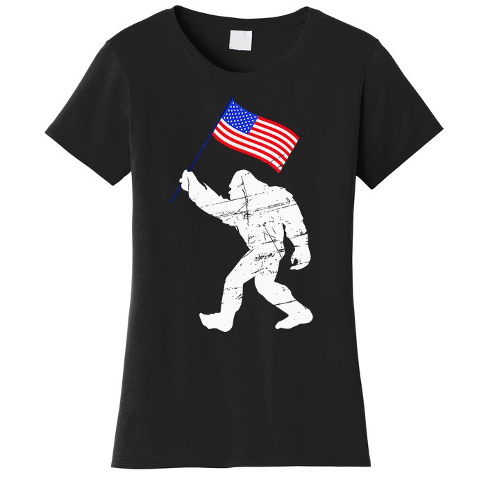 Bigfoot With American Flag 4th Of July Sasquatch Women's T-Shirt