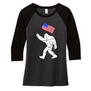 Bigfoot With American Flag 4th Of July Sasquatch Women's Tri-Blend 3/4-Sleeve Raglan Shirt