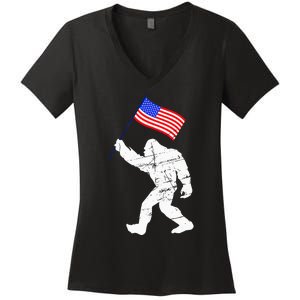 Bigfoot With American Flag 4th Of July Sasquatch Women's V-Neck T-Shirt