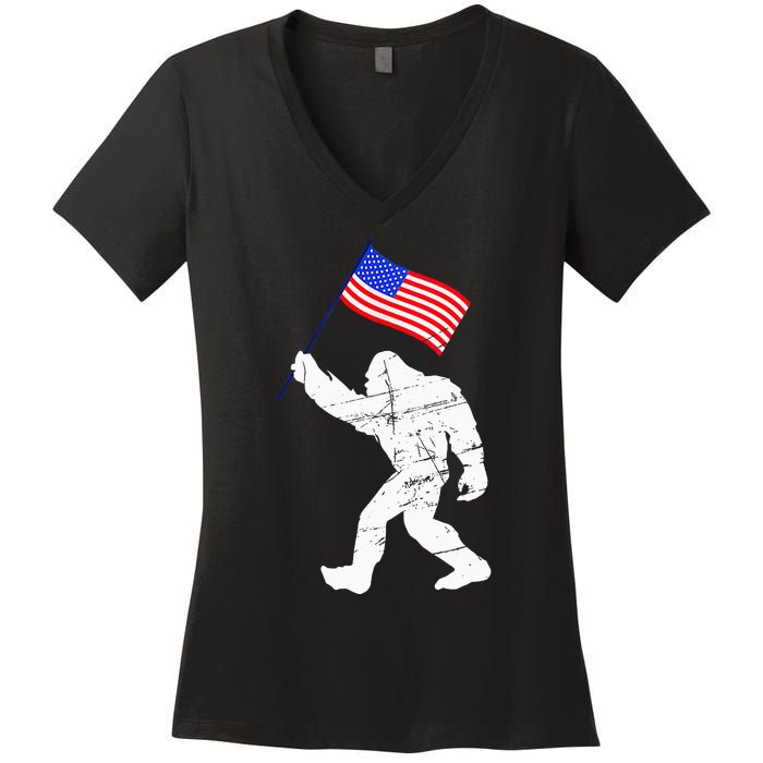 Bigfoot With American Flag 4th Of July Sasquatch Women's V-Neck T-Shirt