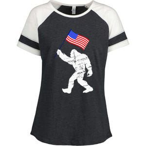 Bigfoot With American Flag 4th Of July Sasquatch Enza Ladies Jersey Colorblock Tee