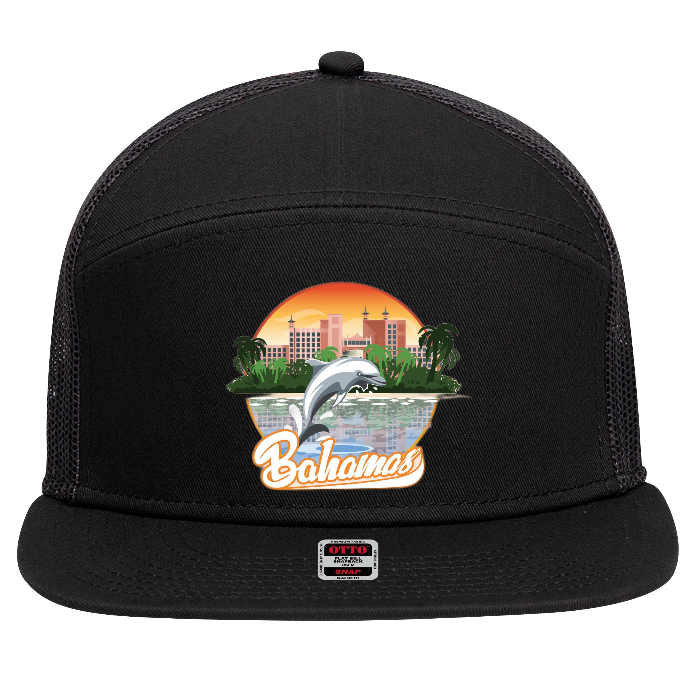 Bahamas With A Playing Dolphin And Hotels 7 Panel Mesh Trucker Snapback Hat
