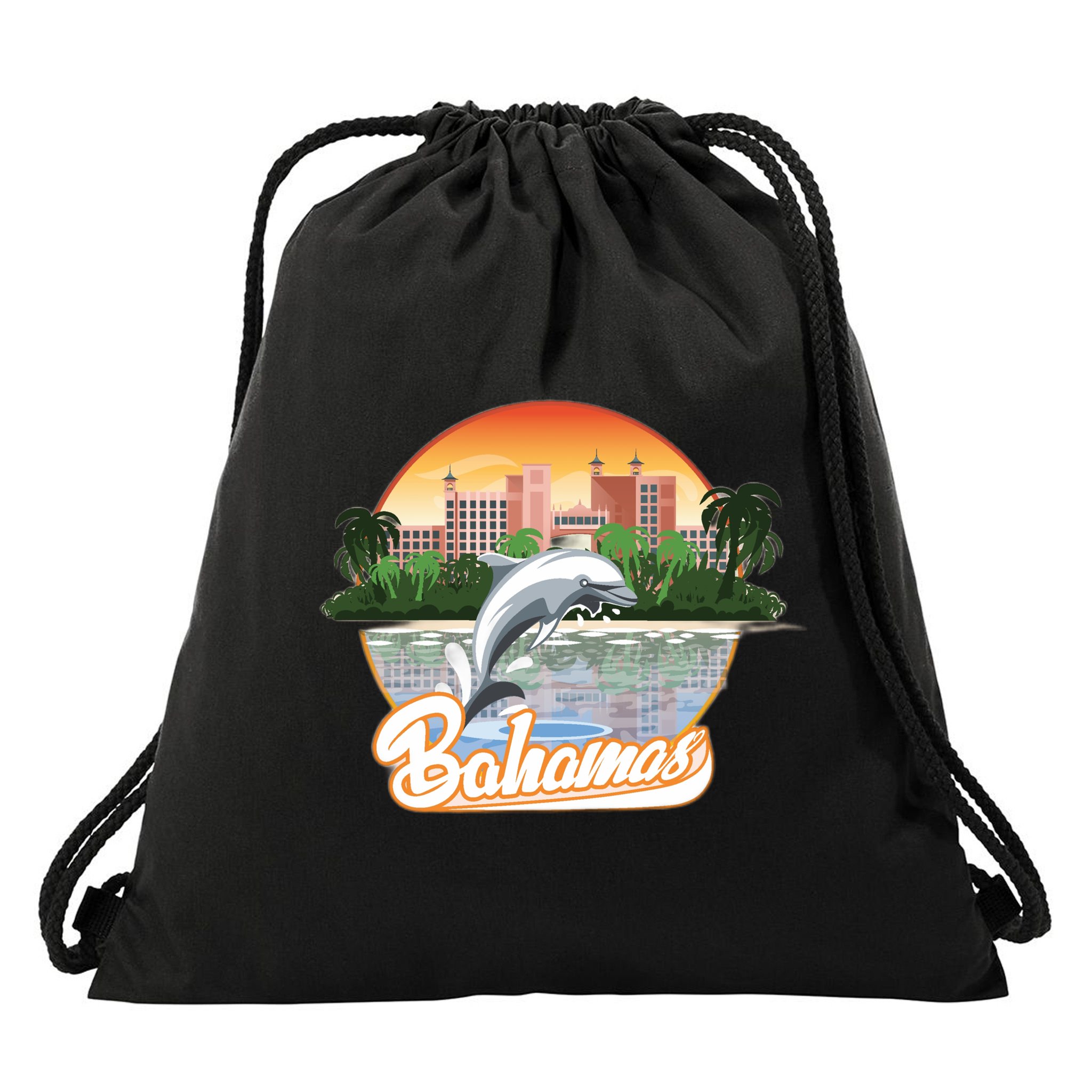 Bahamas With A Playing Dolphin And Hotels Drawstring Bag