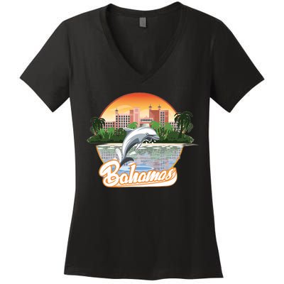 Bahamas With A Playing Dolphin And Hotels Women's V-Neck T-Shirt