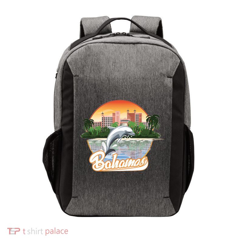 Bahamas With A Playing Dolphin And Hotels Vector Backpack