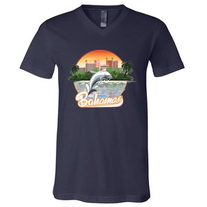 Bahamas With A Playing Dolphin And Hotels V-Neck T-Shirt