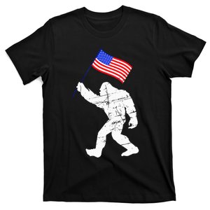 Bigfoot With American Flag Funny 4th Of July Sasquatch T-Shirt