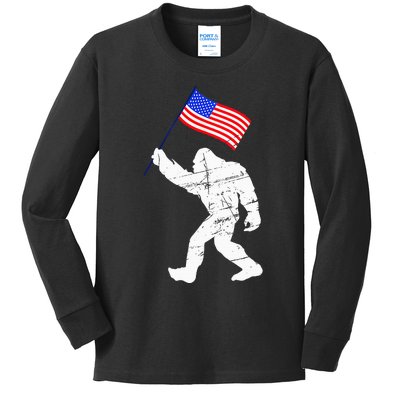 Bigfoot With American Flag Funny 4th Of July Sasquatch Kids Long Sleeve Shirt