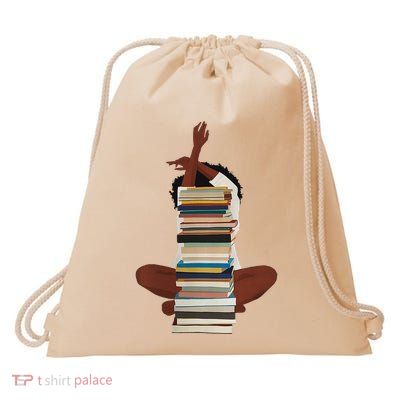 Black Woman And Books Stack Afro Girl Reading Lover Drawstring Bag