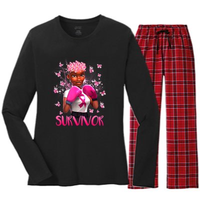 Black Women Breast Cancer Survivor Breast Cancer Awareness Women's Long Sleeve Flannel Pajama Set 