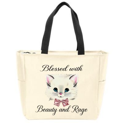 Blessed With Beauty And Rage Cute Lovely Cat Face Ribbon Zip Tote Bag