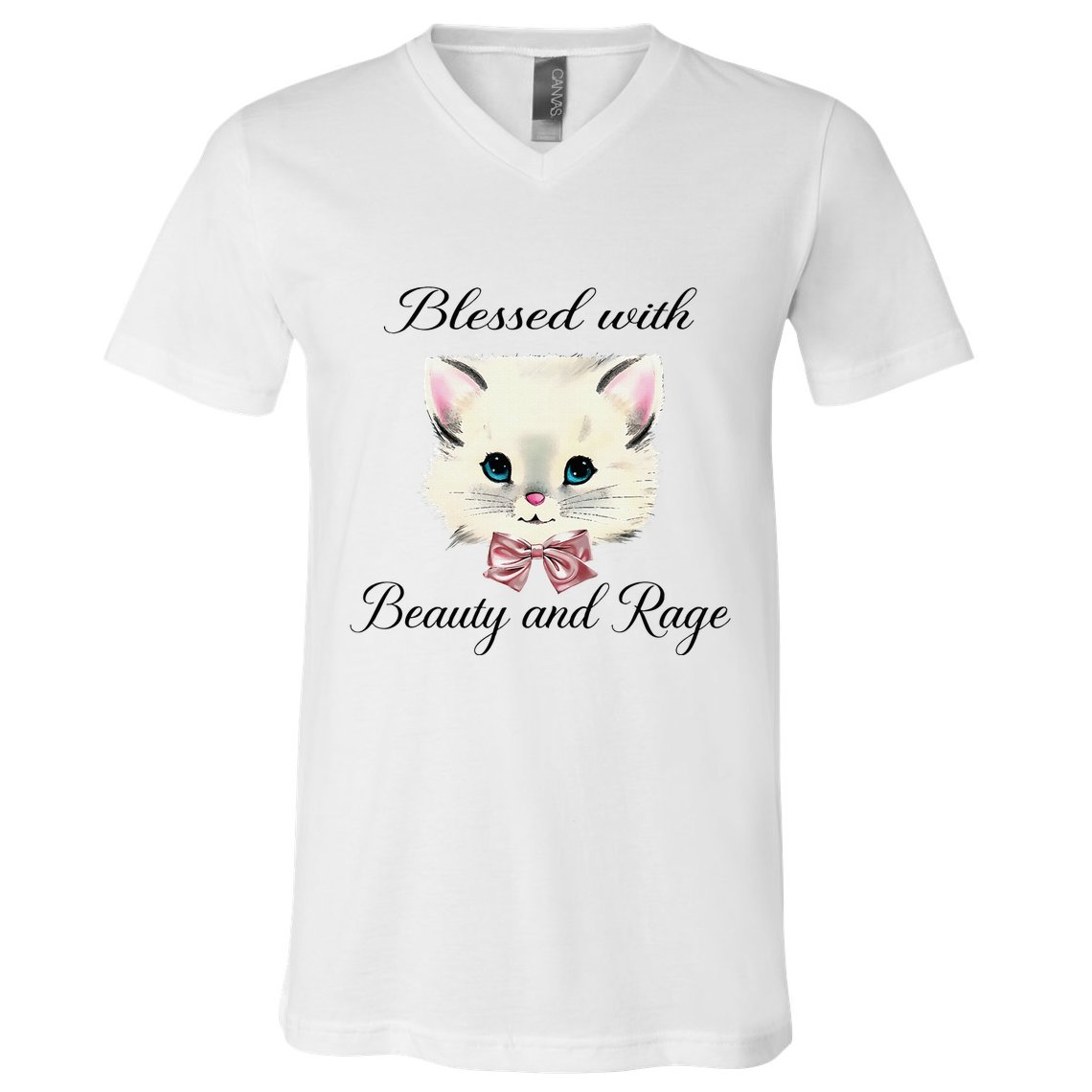 Blessed With Beauty And Rage Cute Lovely Cat Face Ribbon V-Neck T-Shirt