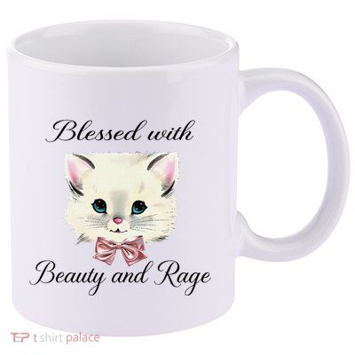 Blessed With Beauty And Rage Cute Lovely Cat Face Ribbon 11oz C Handle Ceramic Mug