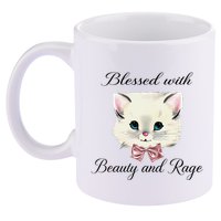 Blessed With Beauty And Rage Cute Lovely Cat Face Ribbon 11oz C Handle Ceramic Mug