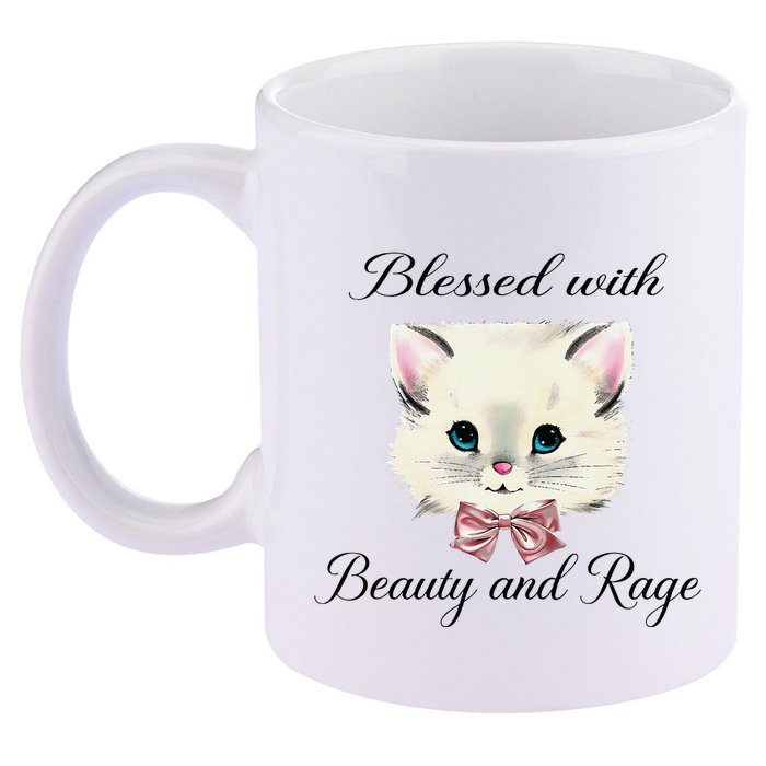 Blessed With Beauty And Rage Cute Lovely Cat Face Ribbon 11oz C Handle Ceramic Mug