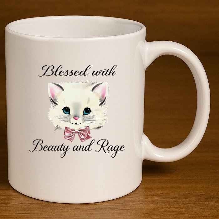 Blessed With Beauty And Rage Cute Lovely Cat Face Ribbon 11oz C Handle Ceramic Mug
