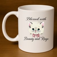 Blessed With Beauty And Rage Cute Lovely Cat Face Ribbon 11oz C Handle Ceramic Mug