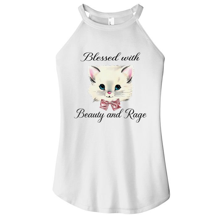 Blessed With Beauty And Rage Cute Lovely Cat Face Ribbon Women's Perfect Tri Rocker Tank