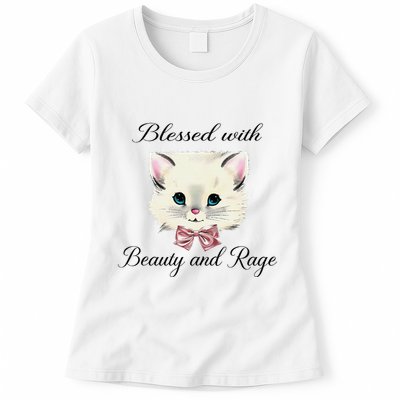 Blessed With Beauty And Rage Cute Lovely Cat Face Ribbon Womens T-Shirt
