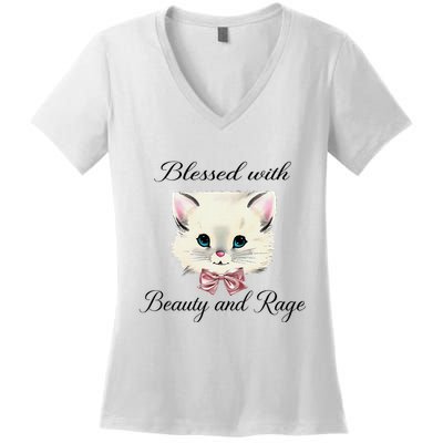 Blessed With Beauty And Rage Cute Lovely Cat Face Ribbon Women's V-Neck T-Shirt