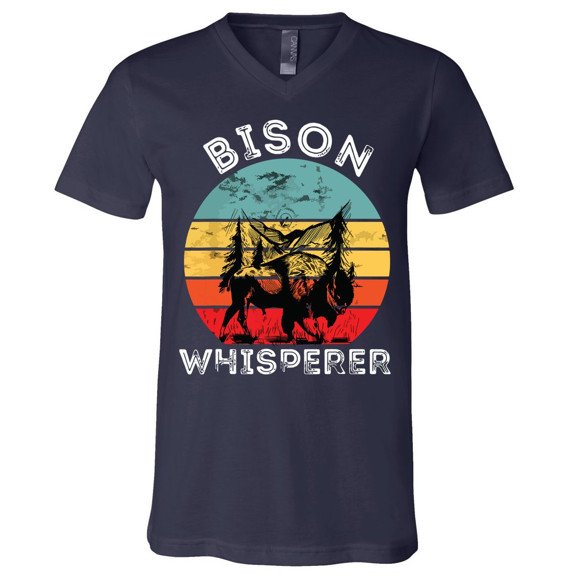 Bison Whisperer Buffalo Cattle Vintage Retro Sunset Colorado V-Neck T-Shirt