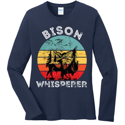 Bison Whisperer Buffalo Cattle Vintage Retro Sunset Colorado Ladies Long Sleeve Shirt