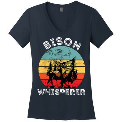Bison Whisperer Buffalo Cattle Vintage Retro Sunset Colorado Women's V-Neck T-Shirt