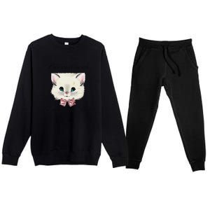 Blessed With Beauty And Rage Cute Lovely Cat Face Ribbon Premium Crewneck Sweatsuit Set