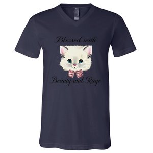 Blessed With Beauty And Rage Cute Lovely Cat Face Ribbon V-Neck T-Shirt