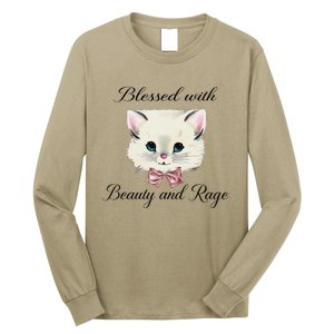 Blessed With Beauty And Rage Cute Lovely Cat Face Ribbon Long Sleeve Shirt