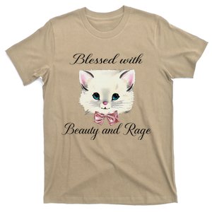 Blessed With Beauty And Rage Cute Lovely Cat Face Ribbon T-Shirt