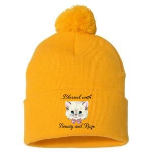 Blessed With Beauty And Rage Cute Lovely Cat Pom Pom 12in Knit Beanie