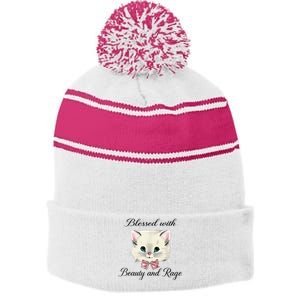 Blessed With Beauty And Rage Cute Lovely Cat Stripe Pom Pom Beanie