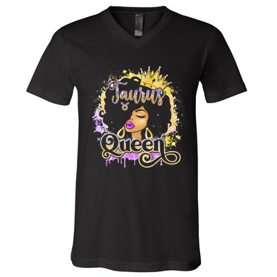 Black Wo Birthday Melanin Taurus Queen V-Neck T-Shirt