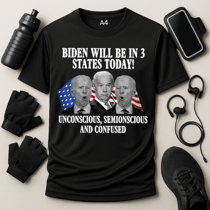 Biden Will Be In 3 States Today Funny Confused Joe Biden Cooling Performance Crew T-Shirt