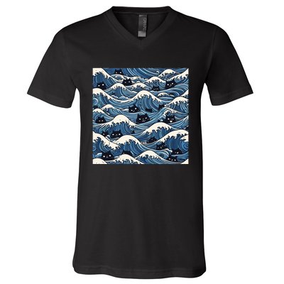 Blue Wave Cat Ladies For Kamala Harris President 2024 V-Neck T-Shirt