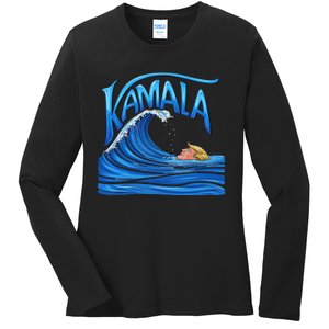 Blue Wave Cat For Kamala Harris Trump Ladies Long Sleeve Shirt