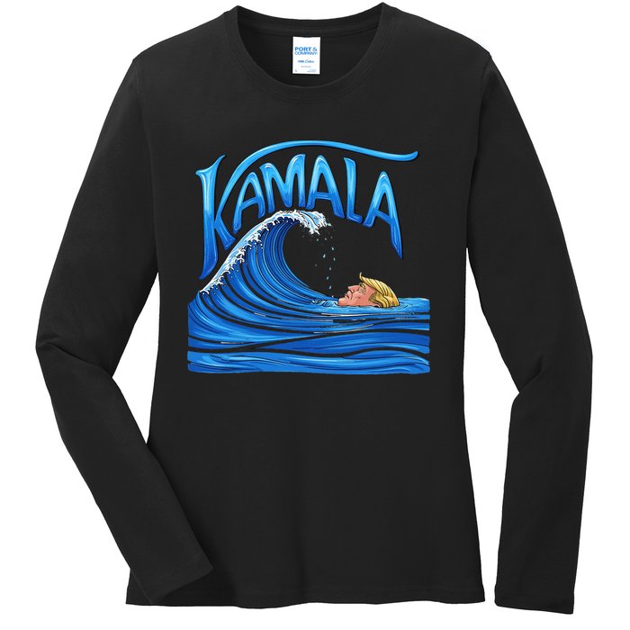 Blue Wave Cat For Kamala Harris Trump Ladies Long Sleeve Shirt