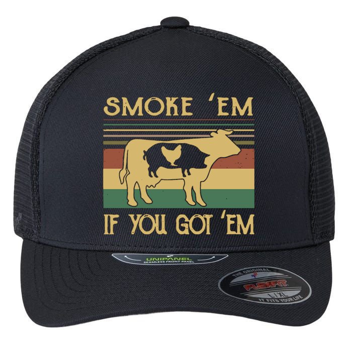 Barbecue With Cow Pig And Chicken Smoke ’Em If You Got ’Em Retro Flexfit Unipanel Trucker Cap