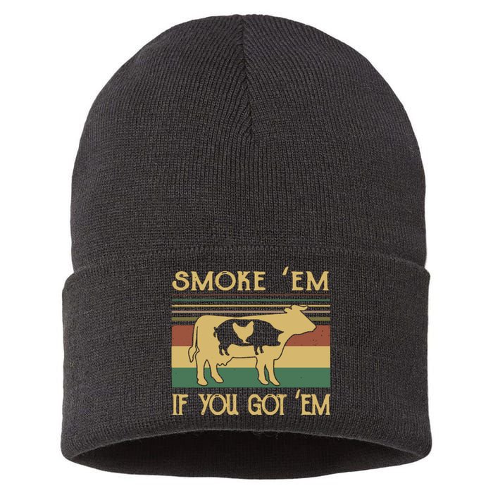 Barbecue With Cow Pig And Chicken Smoke ’Em If You Got ’Em Retro Sustainable Knit Beanie