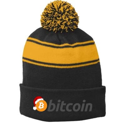 Bitcoin With Christmas Hat Funny Bitcoin With Santa Hat Funny Bitcoin Crypto Stripe Pom Pom Beanie
