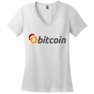 Bitcoin With Christmas Hat Funny Bitcoin With Santa Hat Funny Bitcoin Crypto Women's V-Neck T-Shirt