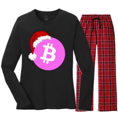 Bitcoin With Christmas Hat Funny Bitcoin Crypto Funny Bitcoin With Santa Hat Women's Long Sleeve Flannel Pajama Set 