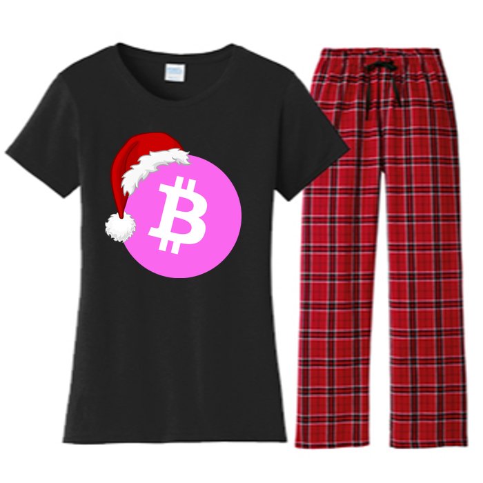 Bitcoin With Christmas Hat Funny Bitcoin Crypto Funny Bitcoin With Santa Hat Women's Flannel Pajama Set