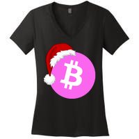 Bitcoin With Christmas Hat Funny Bitcoin Crypto Funny Bitcoin With Santa Hat Women's V-Neck T-Shirt