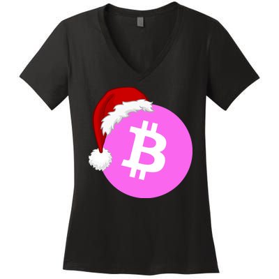 Bitcoin With Christmas Hat Funny Bitcoin Crypto Funny Bitcoin With Santa Hat Women's V-Neck T-Shirt