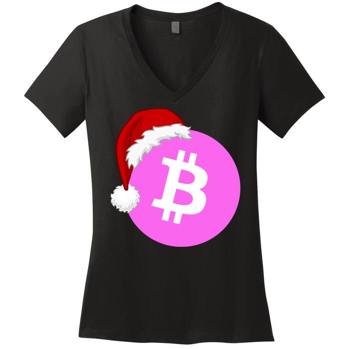 Bitcoin With Christmas Hat Funny Bitcoin Crypto Funny Bitcoin With Santa Hat Women's V-Neck T-Shirt