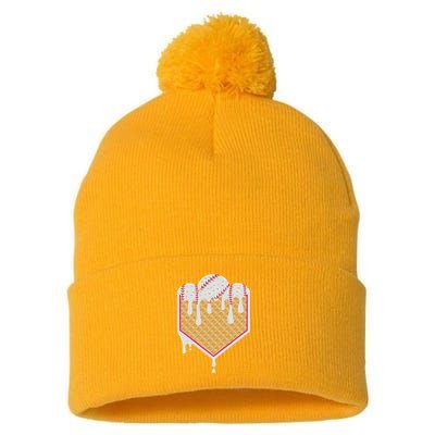 Baseball Waffle Cone Home Plate With Ice Cream Drip Pom Pom 12in Knit Beanie