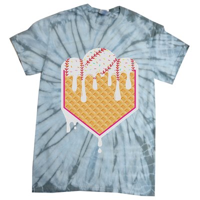 Baseball Waffle Cone Home Plate With Ice Cream Drip Tie-Dye T-Shirt